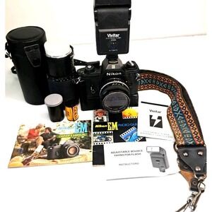 Vintage Nikon EM Black SLR Film Camera + Nikon Lens + Flash + Film + Manuals